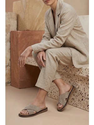 Stilbagshoes Carissa Hakiki Deri Çapraz Bant Detaylı Kadın Terlik Bej