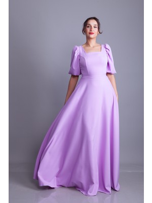 No48 Kare Yaka Kısa Balon Kol Kolları Lastikli Dokuma Dökümlü Kumaş Maxi Boy Elbise