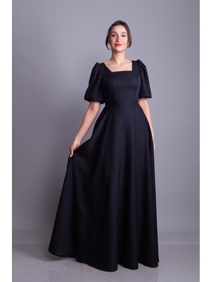 No48 Kare Yaka Kısa Balon Kol Kolları Lastikli Dokuma Dökümlü Kumaş Maxi Boy Elbise