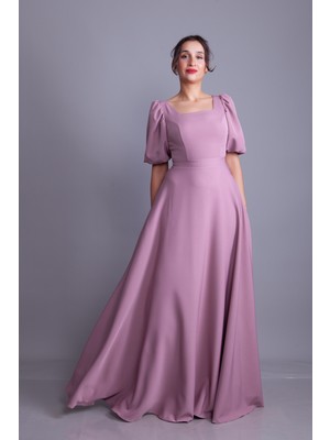 No48 Kare Yaka Kısa Balon Kol Kolları Lastikli Dokuma Dökümlü Kumaş Maxi Boy Elbise