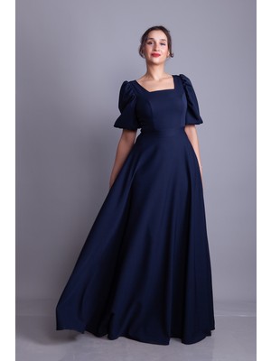 No48 Kare Yaka Kısa Balon Kol Kolları Lastikli Dokuma Dökümlü Kumaş Maxi Boy Elbise