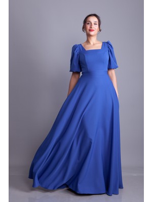 No48 Kare Yaka Kısa Balon Kol Kolları Lastikli Dokuma Dökümlü Kumaş Maxi Boy Elbise