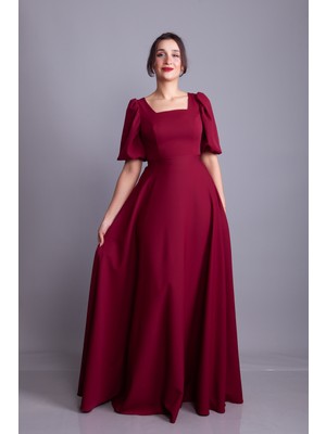 No48 Kare Yaka Kısa Balon Kol Kolları Lastikli Dokuma Dökümlü Kumaş Maxi Boy Elbise