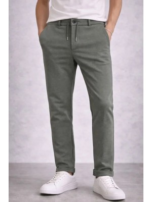 Buğrahayalin Erkek Diagonel Mikro Dokulu Duble Paça Cepli Pantolon Bağcıklı Bel, Modern Kesim - Haki