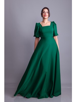 No48 Kare Yaka Kısa Balon Kol Kolları Lastikli Dokuma Dökümlü Kumaş Maxi Boy Elbise