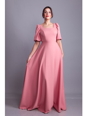 No48 Kare Yaka Kısa Balon Kol Kolları Lastikli Dokuma Dökümlü Kumaş Maxi Boy Elbise