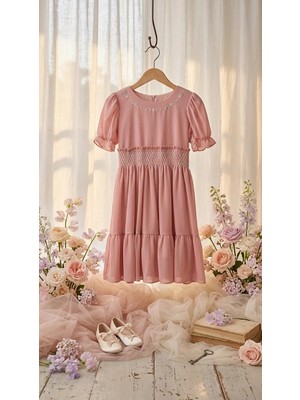 Kız Çocuk Pudra Elbise Nakış Detaylı Şifon Tül Görünümlü Prenses Abiye Bayramlık Doğum Günü Elbisesi