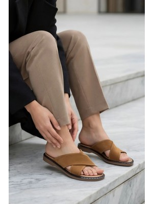 Stilbagshoes Carissa Hakiki Deri Çapraz Bant Detaylı Kadın Terlik Taba