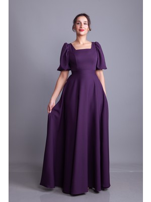 No48 Kare Yaka Kısa Balon Kol Kolları Lastikli Dokuma Dökümlü Kumaş Maxi Boy Elbise