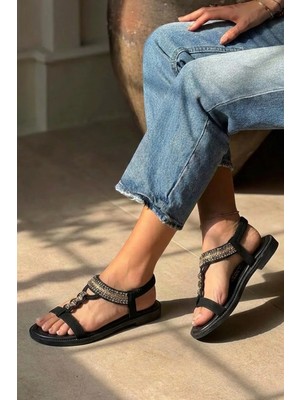 Stilbagshoes Mary Ithal Taş Detaylı Comfort Kadın Sandalet Siyah