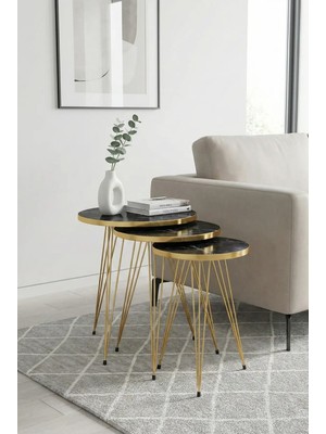 Mooncapella 3’lü Zigon Sehpa Seti – 33 cm – Gold Metal Ayaklı Siyah