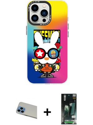 iPhone 13 Pro Max Siluet Çizgi Koleksiyonu - Şeffaf 360 Full Body Arka Koruyucu + Mavi Rainbow Kamera Lens Koruma Cam