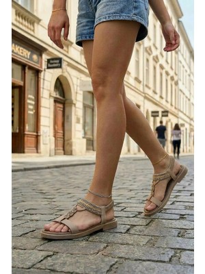 Stilbagshoes Mary Ithal Taş Detaylı Comfort Kadın Sandalet Bej
