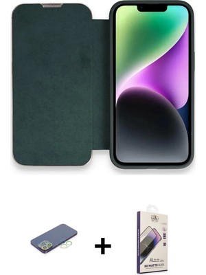 Cepte Toptan iPhone 13 Pro Max Siluet Minimal Serisi - Siyah Bilvis 3D Mat Cam Ekran Koruyucu + Yeşil Renkli Kamera Lens Koruma Cam