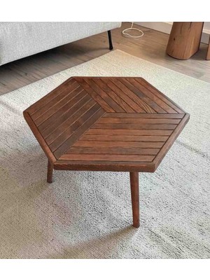 Mirrorss Altıgen Geometrik Yan Sehpa Ceviz Renk Ahşap Orta Sehpa