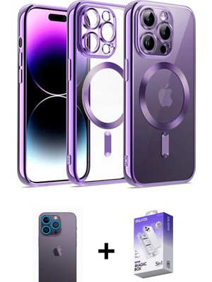 Cepte Toptan iPhone 13 Pro Max Nova Işık Özel Seri - Siyah Bilvis 5in1 3D Magic Cam Ekran Koruyucu + Mavi Neon Fosforlu Kamera Lens