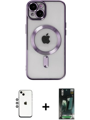iPhone 14 Nova Işık Özel Seri - Şeffaf 360 Full Body Arka Koruyucu + Gümüş Shine Kamera Lens