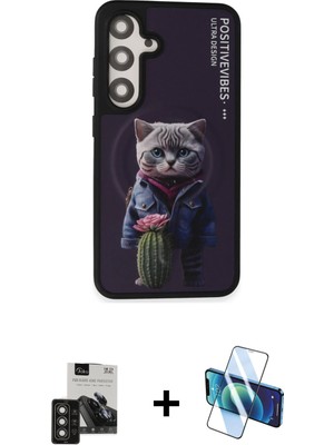 Galaxy S24 Siluet Modern Özel Seri - Siyah 3D Antistatik Cam Ekran Koruyucu + Titan Gri Pvd Metal Kamera Lens