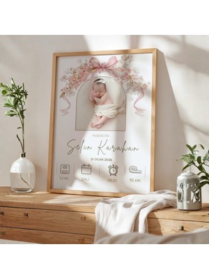 Gralanda Kız Bebek Doğum Panosu, Fotoğraflı Çerçeveli Yenidoğan Hoş Geldin Bebek Anı Tablosu,