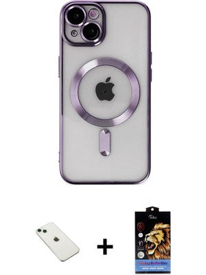 iPhone 14 Nova Işık Özel Seri - Siyah Buffer Hayalet Cam Ekran Koruyucu + Yeşil Diamond Kamera Lens