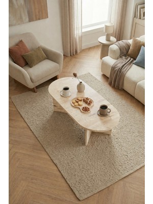 tridihome Modern Oval Orta Sehpa 119X50X40 cm Ahşap Traverten Dokulu Tasarım Japandi Tasarım Geniş Blok Ayaklı Lüks Salon Ofis Sehpası