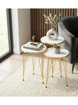 Mooncapella 3’lü Zigon Sehpa Seti – 33 cm – Gold Tel Ayaklı Beyaz