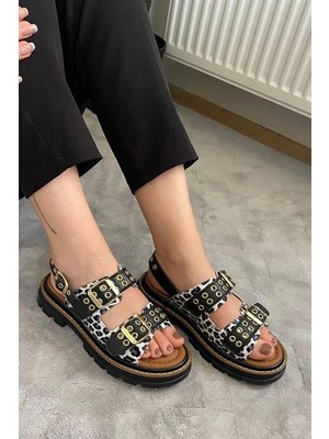 Les Passent Kadın Mendez Beyaz Leopar Çift Bantlı Kabsül ve Vardola Deyatlı  Kalın Taban Ortopedik  Sandalet  K-120