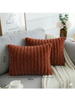 2'li Fitilli Peluş Kırlent Kılıfı 35*50 Kiremit Renk Yumuşak Kadife Yastık Çift Taraflı
