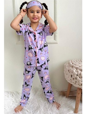 Lillypicca Kız Çocuk Kedi Desenli Pamuklu Düğmeli Pijama Takımı Göz Bantlı