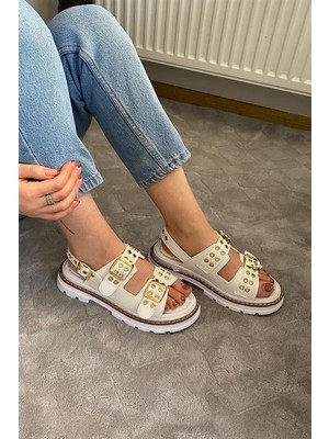 Les Passent Kadın Mendez Beyaz Cilt Çift Bantlı Kabsül ve Vardola Deyatlı  Kalın Taban Ortopedik  Sandalet  K-120