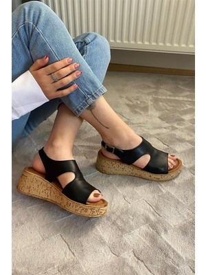 Les Passent Kadın Tinge Siyah Cilt Kalın Mantar Taban Ortopedik  Sandalet  K-250
