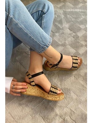 Les Passent Kadın Eftal Siyah Hasır Detay Kalın Mantar Taban Ortopedik  Sandalet  K-230