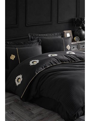 Elma Shop Elegant Nakışlı Pamuk Saten Çift Kişilik Nev Takımı Olimpos Siyah