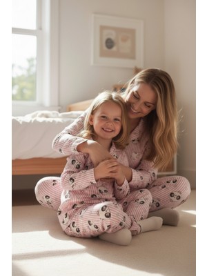 Arn Homewear Anne Kız Kombini Panda Desenli Pembe Çizgili Milan Pijama Takımı (Tek Takım Fiyatıdır