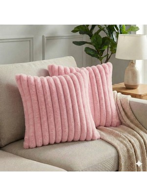 2'li Fitilli Peluş Kırlent Kılıfı 45*45 Pembe Renk Yumuşak Kadife Yastık Çift Taraflı