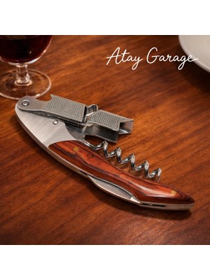 Atay Garage Ahşap Saplı Profesyonel Tirbuşon Şarap Şampanya Mantarı Açacağı Tirbişon