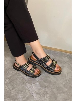 Les Passent Kadın Mendez Siyah Leopar Çift Bantlı Kabsül ve Vardola Deyatlı  Kalın Taban Ortopedik  Sandalet  K-120