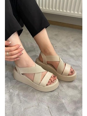 Les Passent Kadın Mokka Bej Lastik Detaylı  Dolgu Tabanlı Sandalet