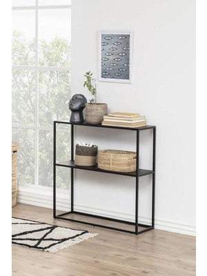 Feyza Design Modern Siyah Metal Dresuar - Ahşap Raflı Dekoratif Köşe Konsolu