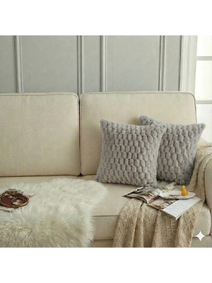2'li Peluş Petek Tavşan Kırlent Kılıfı 45*45 Açık Gri Renk Yumuşak Kadife Yastık Çift Taraflı
