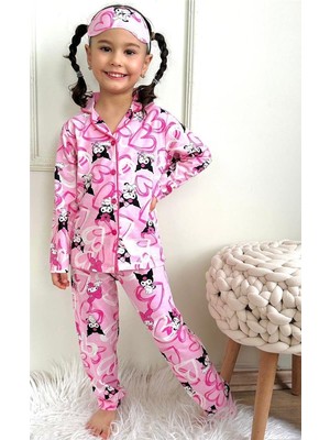 Lillypicca Kız Çocuk Kedi Desenli Pamuklu Düğmeli Pijama Takımı Göz Bandı Dahil Takım