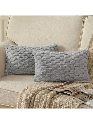 2'li Peluş Petek Tavşan Kırlent Kılıfı 35*50 Açık Gri Renk Yumuşak Kadife Yastık Çift Taraflı