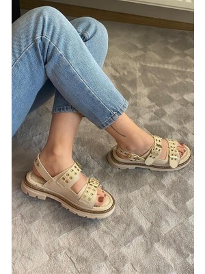 Les Passent Kadın Mendez Krem Çift Bantlı Kabsül ve Vardola Deyatlı  Kalın Taban Ortopedik  Sandalet  K-120
