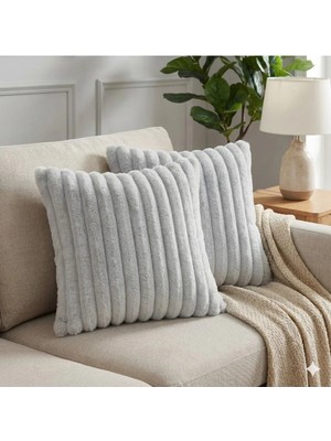 2'li Fitilli Peluş Kırlent Kılıfı 45*45 Açık Gri Renk Yumuşak Kadife Yastık Çift Taraflı