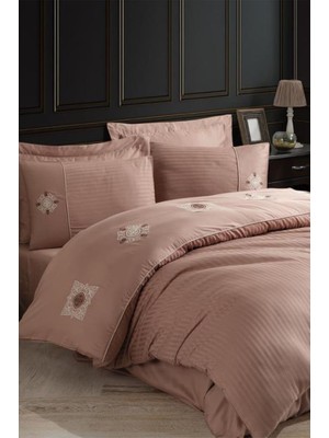 Elma Shop Elegant Nakışlı Pamuk Saten Çift Kişilik Nev Takımı Zeugma Kahve