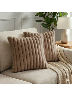 Puff Table 2'li Fitilli Peluş Kırlent Kılıfı 45*45 Vizon Renk Yumuşak Kadife Yastık Çift Taraflı