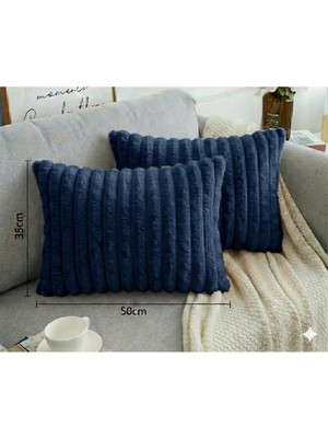 2'li Fitilli Peluş Kırlent Kılıfı 35*50 Lacivert Renk Yumuşak Kadife Yastık Çift Taraflı
