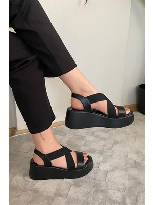Les Passent Kadın Mokka Siyah Lastik Detaylı  Dolgu Tabanlı Sandalet