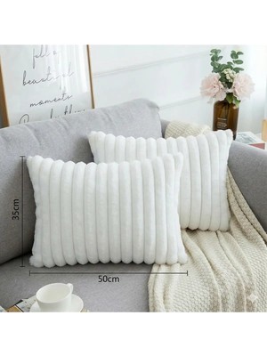 Puff Table 2'li Fitilli Peluş Kırlent Kılıfı 35*50 Ekru Renk Yumuşak Kadife Yastık Çift Taraflı