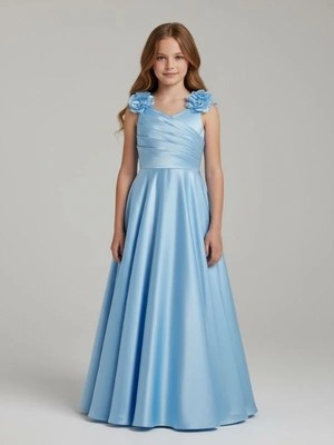 Zekids Kız Çocuk Omuzları Çiçek Detaylı Uzun Şık Abiye Elbise